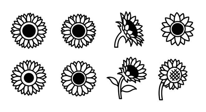 Collection of minimalist sunflower line icons and floral symbols