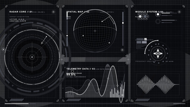 Monochrome futuristic HUD dashboard with radar core, wireframe spatial map, telemetry graph, module system and waveform analysis panels.