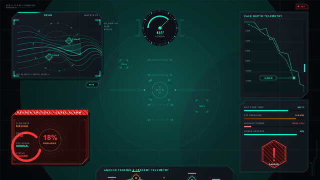 Dark futuristic cave diving HUD interface with depth telemetry, oxygen alarm, scan map, azimuth gauge and suit status indicators on grid