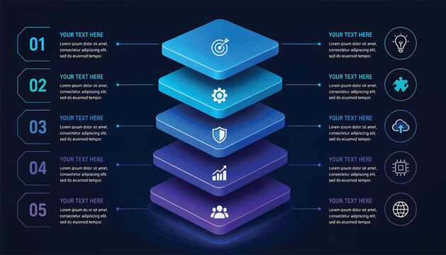 5 layer stack, level isometric data stack infographic for technology business growth
