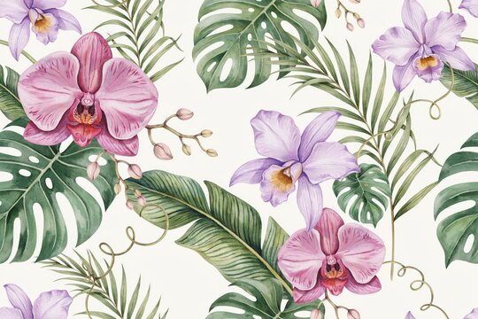 Tropical seamless pattern with watercolor purple orchids, green monstera leaves, and palm fronds on a light creamy background
