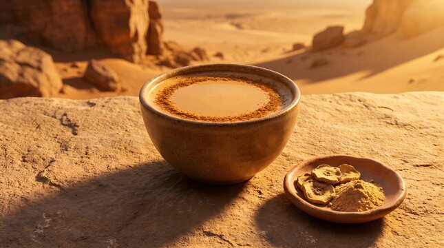 Maca Root Energy Latte in Ceramic Bowl with Maca Powder on Desert Stone, UAE Luxury Wellness Drink
