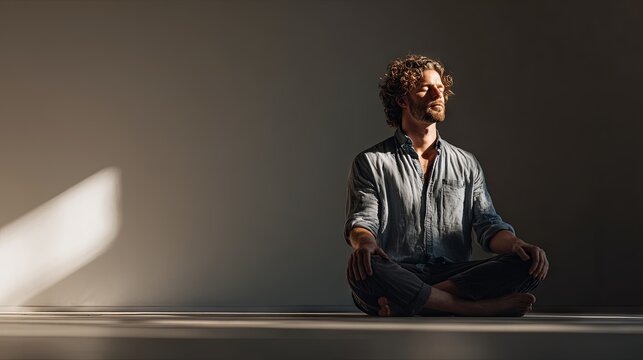 Man engaged in deep breathing meditation in a minimalist space, cultivating self-awareness, mental clarity, conscious living, and a modern spiritual approach to a balanced wellness lifestyle	