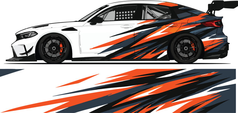 White sports car with orange stripes.