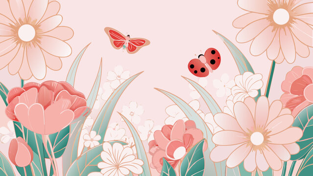 Floral ornament with butterfly and ladybug vector illustration