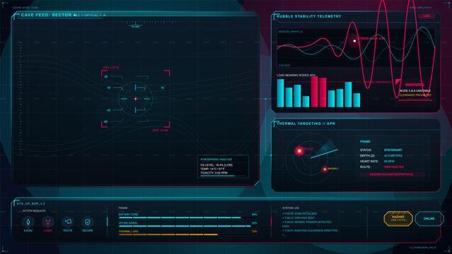 Dark futuristic cave excavation HUD with object lock scan, rubble stability telemetry, thermal targeting, atmospheric analysis and hazard panels