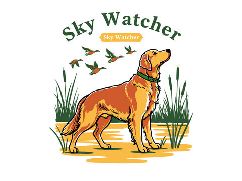 Sky watcher hunting dog vintage artwork. Golden retriever with flying ducks. Outdoor adventure t shirt vector design. Marsh landscape artwork.