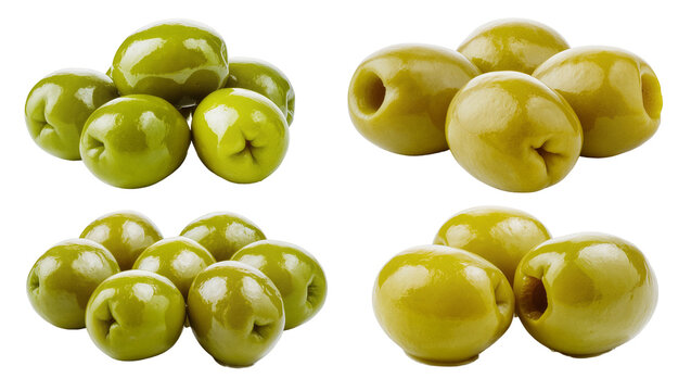 Isolated group of fresh whole and pitted green olives, a healthy Mediterranean appetizer