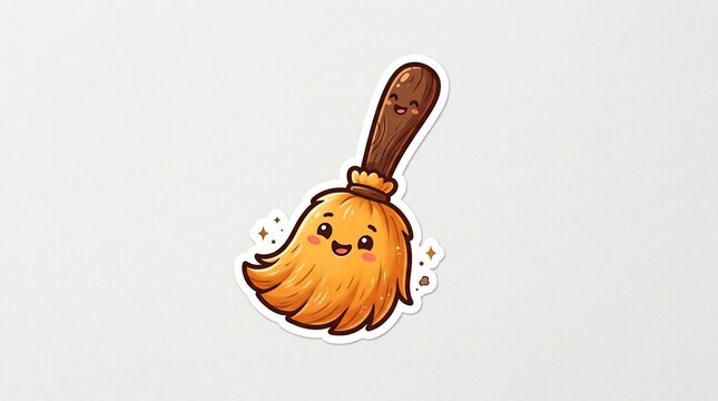 Cute cartoon broom with smiling face and sparkles isolated