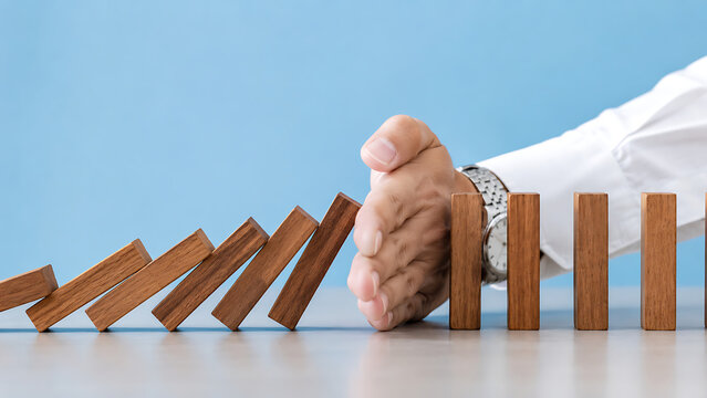 Close up of a businessman hand stopping falling wooden blocks to protect the standing blocks on a desk with blue background