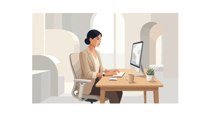 Fototapeta premium Elegant Woman Working at a Minimalist Desk in a Modern Office with a Computer and Coffee, Calm Workspace for Ultra High End Editorial and Luxury Magazine Cover Concepts