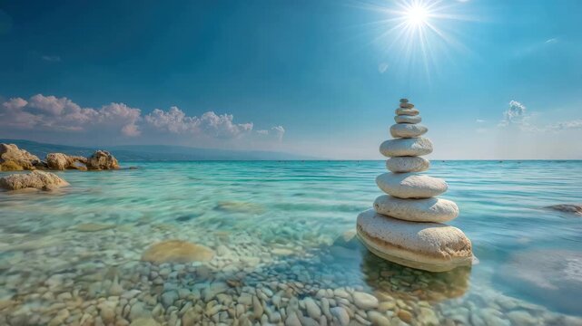 tower of zen stones on paradise beach balance concept animation