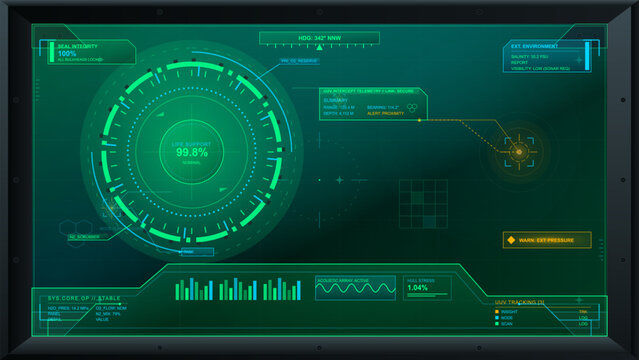 Futuristic underwater HUD dashboard with life support gauge, seal integrity, sonar telemetry, pressure warning and green cyan grid interface