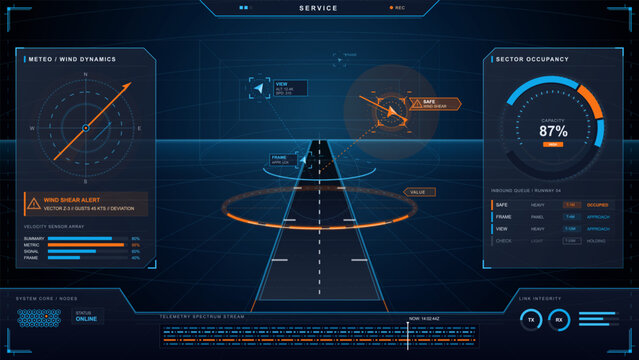 Futuristic service HUD display with runway guidance, wind shear alert, sector occupancy gauge, link integrity meters and blue orange telemetry grid