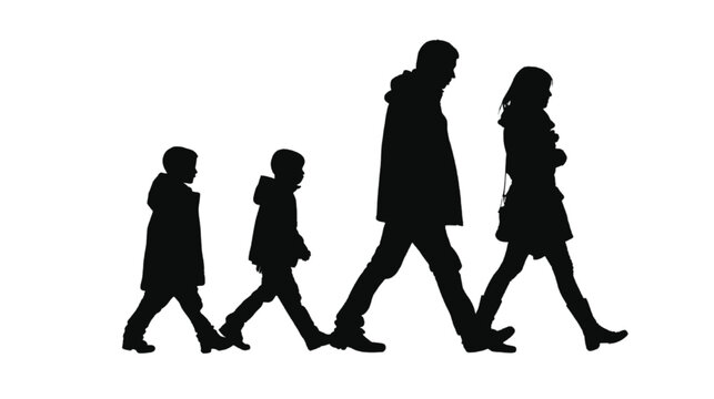 Family members consisting of a mother, father, and two sons walk together in a straight line creating a stark black silhouette against a clean white background that provides ample negative copy space.