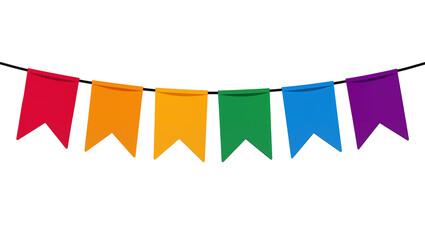 Obraz premium Isolated vibrant colorful rainbow party flags hanging on a string, festive celebration decoration.
