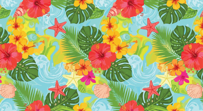 Tropical seamless pattern with hibiscus flowers and palm leaves, exotic summer beach background with starfish and seashells, floral botanical vector