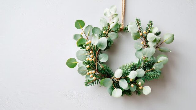 Elegant eucalyptus and pine wreath decorated with berries on minimalist gray wall