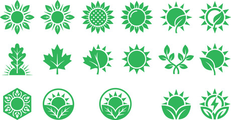 Fototapeta premium Modern Green Ecology and Solar Energy Logo Set with Sun and Leaf Icons for Sustainable Business Branding and Nature Conservation