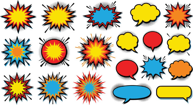 Comic book speech bubble and explosion burst vector element set featuring retro pop art design halftone shadows and blank cloud text boxes