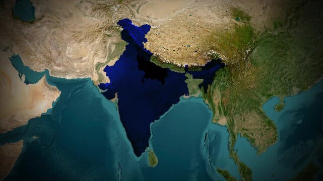 Animated Satellite View Map of Uttar Pradesh Highlighted with Red Border and Label on India Map Background