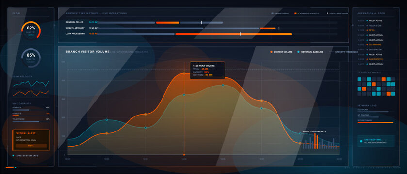 Futuristic bank branch operations dashboard with visitor volume chart, service time metrics, vault flow gauges and orange blue data panels