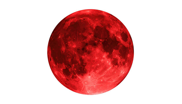 A vibrant, close-up depiction of a celestial sphere, rendered in a fiery red hue against an inky black background. The surface shows craters