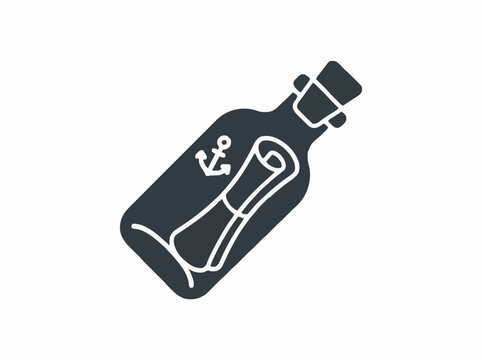 Message in a bottle icon, glass bottle symbol, solid glyph style, nautical message design, isolated stock vector.