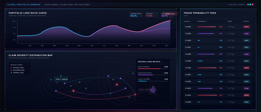 Dark insurance portfolio analytics dashboard with loss ratio curve, fraud probability feed, claim severity map and neon cyan magenta data panels
