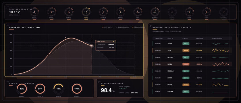 Dark renewable energy control dashboard showing solar output curve, turbine array status, grid stability alerts, and HUD efficiency gauges.