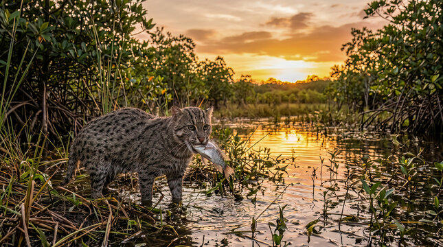 A fishing cat stands in a wetland at sunset carrying a freshly caught fish, showcasing its remarkable hunting abilities.
