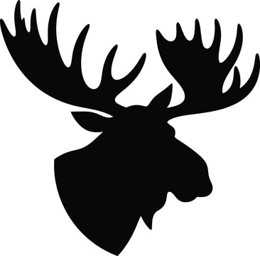 Black Vector Silhouette Wildlife Graphic Icon : A Majestic Moose Head Profile Facing Right with Large Antlers Isolated on White Background