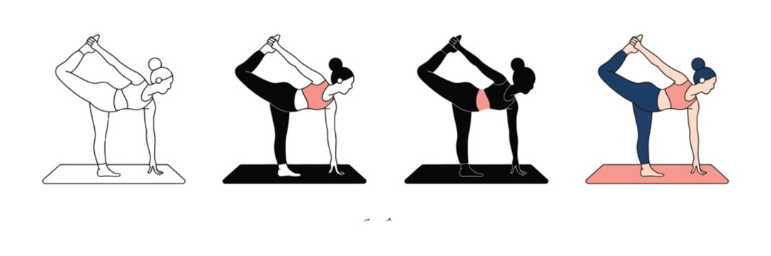 Set of yoga poses, woman practicing ardha chandrasana or half moon pose, vector illustration