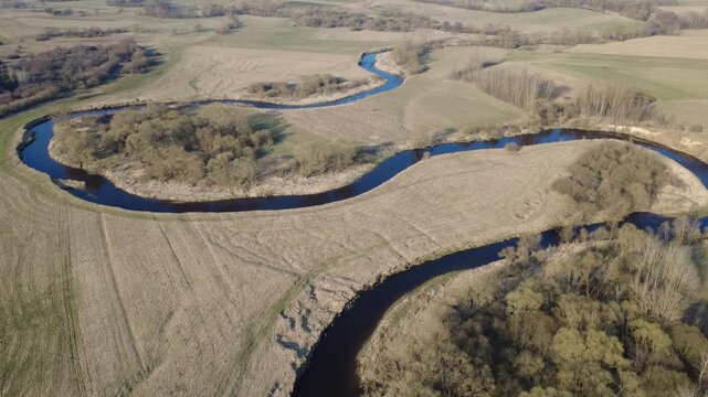 High-angle aerial flyover tracking a meandering river flowing through flat dry agricultural fields and bare trees during golden hour sunlight. High quality 4k aerial footage.
