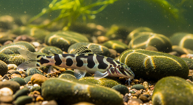 Spotted loach fish resting on riverbed rocks  