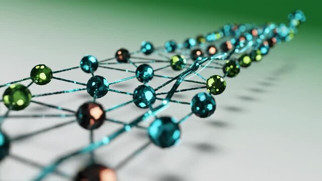 Molecular network structure evolving with changing node colors during a slow camera pan across a bright white surface