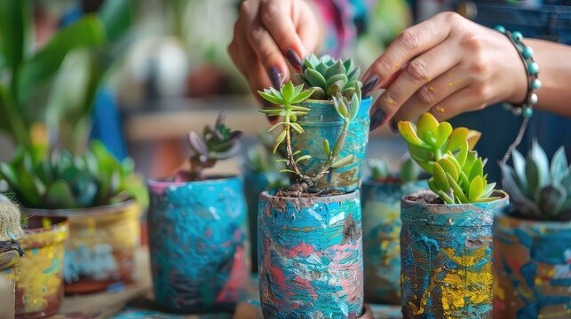 Female hands planting succulents in painted and decorated old jars. Hobby, home gardening, DIY, zero waste, sustainable lifestyle, eco friendly concept