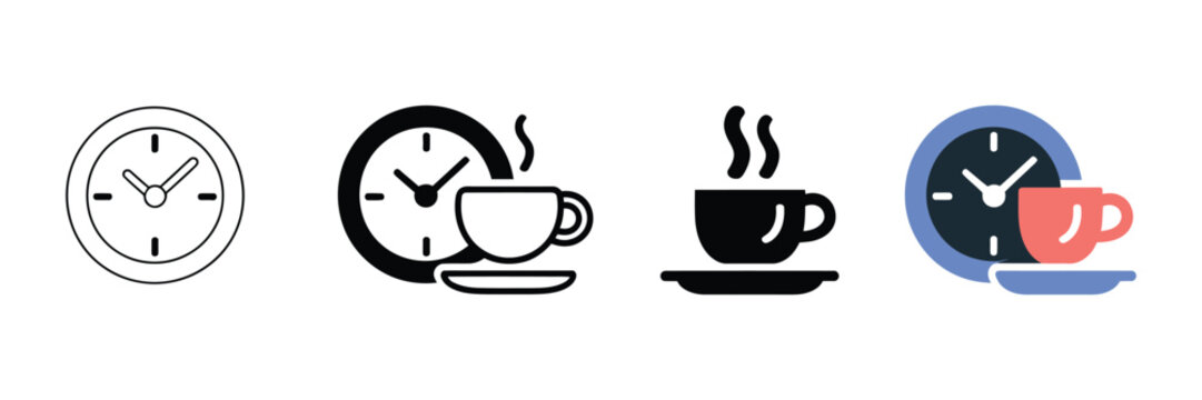 Multiple icons showing a steaming cup of coffee next to a round clock face in various artistic styles including bold black silhouettes and modern flat colorful graphic vector design elements.