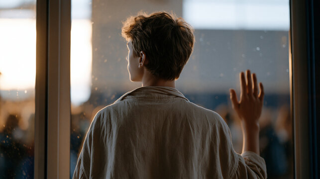 A teenage boy standing at the glass door of a school gymnasium watching a social event inside, hand raised to knock but not yet knocking, the precise threshold moment of social