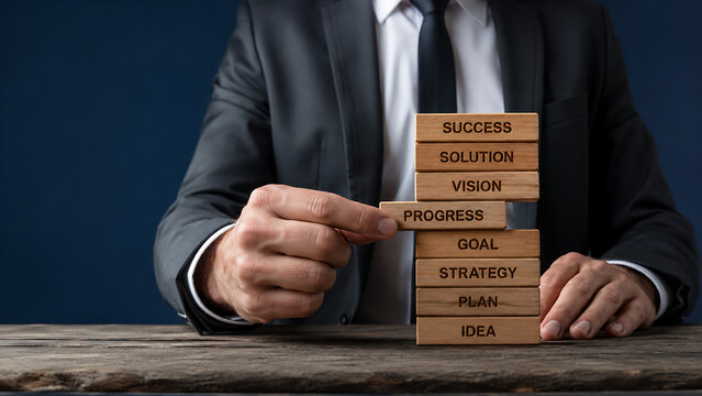 Corporate executive in a dark suit carefully places a progress block into a wooden tower connecting planning and goals with successful business outcomes