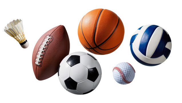 Isolated collection of popular sports balls and badminton shuttlecock for various games
