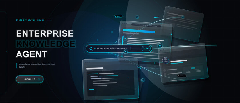 Dark enterprise knowledge agent interface with glowing search bar, floating document panels, connection lines, and cyan elements on grid background