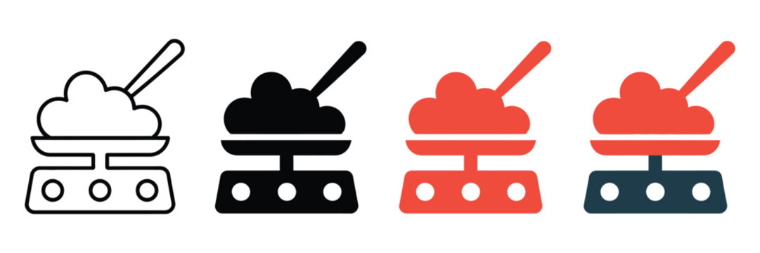 Four distinct minimalist graphic icons representing a kitchen scale measuring a portion of food with a spoon in various styles including solid black red and bold outline vector art designs.