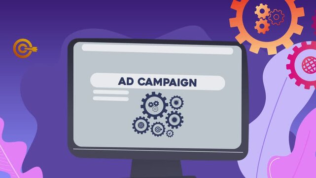 A computer screen displaying the text &ldquo;Ad Campaign&rdquo; and illustrations of gears