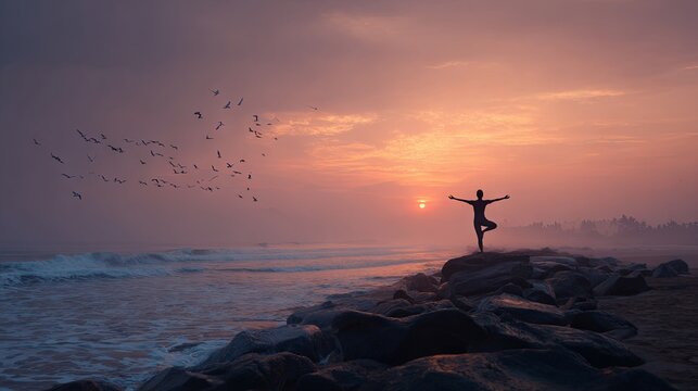 A silhouetted figure performing yoga near the ocean at sunrise, expressing inner harmony, personal growth, mindful living, and a deep meditative connection with the natural world.
