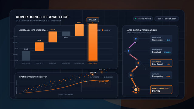 Dark advertising lift analytics dashboard with campaign waterfall chart, spend efficiency scatter plot, attribution path diagram, and orange UI