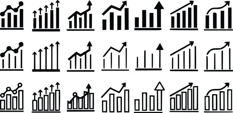Growth bar chart icon set showing financial success business progress analytics profit increase and arrow up trends vector illustration isolated on white background