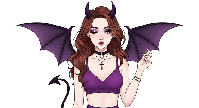 Dark Fantasy Devil Woman with Purple Wings and Horns Winking and Posing Confidently