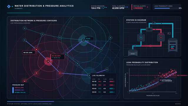 Futuristic water distribution analytics dashboard with pressure contour network map, station pipe diagram, alerts and leak probability chart