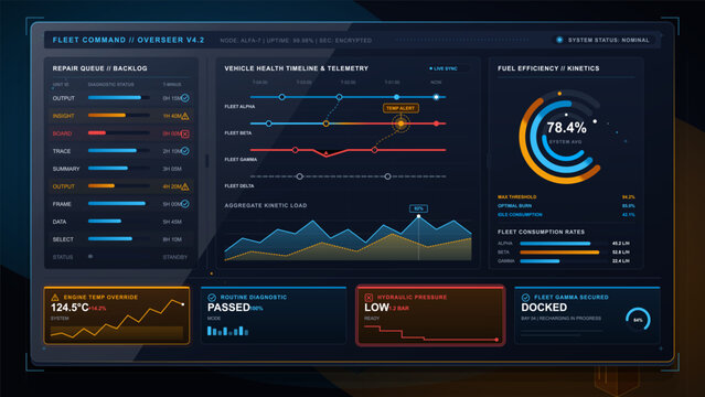 Dark fleet command dashboard with repair queue, vehicle health telemetry timeline, fuel efficiency gauge, kinetic load chart and maintenance alerts
